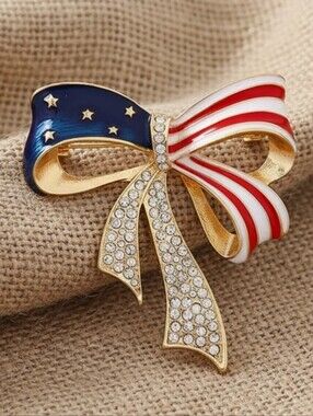 🌺Patriotic Bow Ribbon Rhinestone Brooch Patriotic Jewelry Labor Day July 4th
